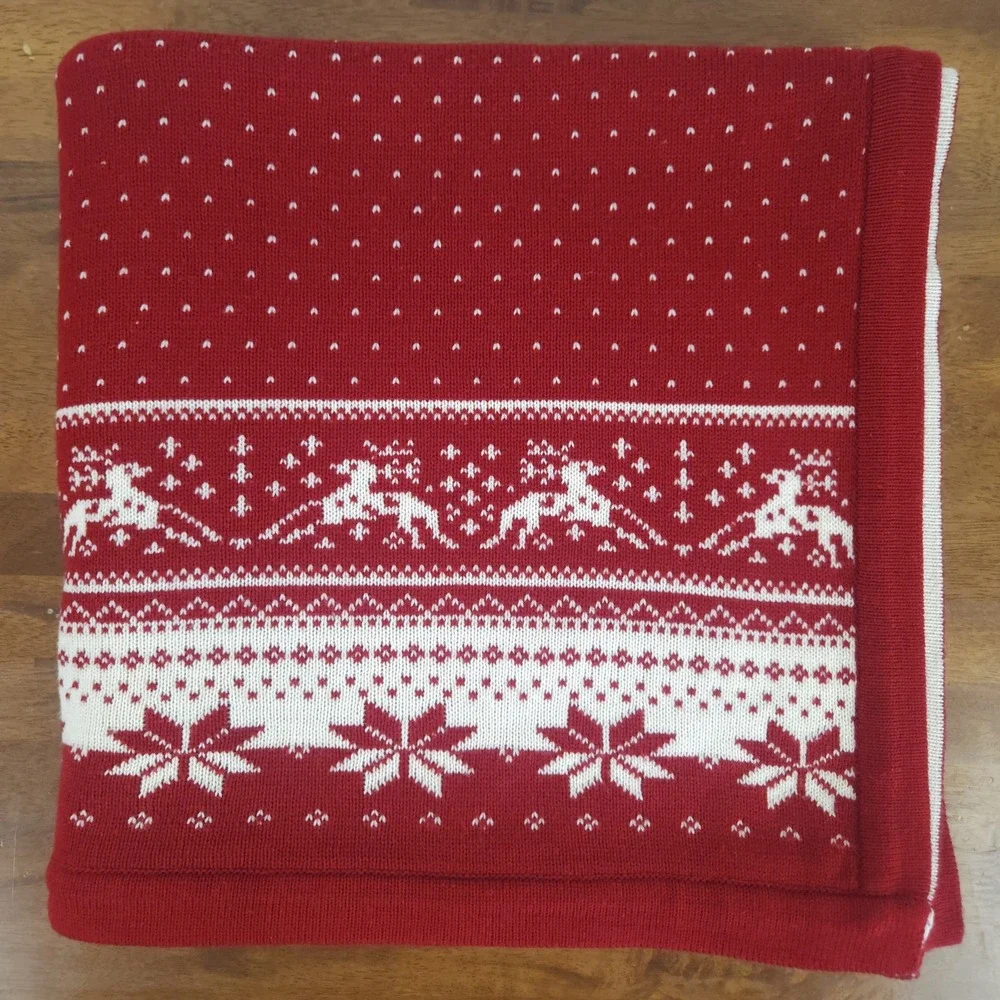 Christmas Throw Blanket Red Knit Reversible Reindeer Nordic Cozy Ski Lodge 49x68